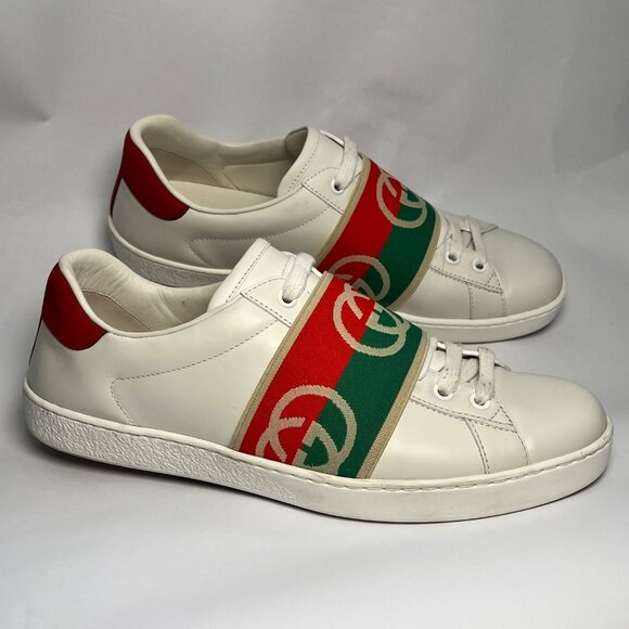 Authentic Gucci Ace White Leather Sneakers Red & Green Logo Band Mens Size 7.5 - Picture 2 of 9